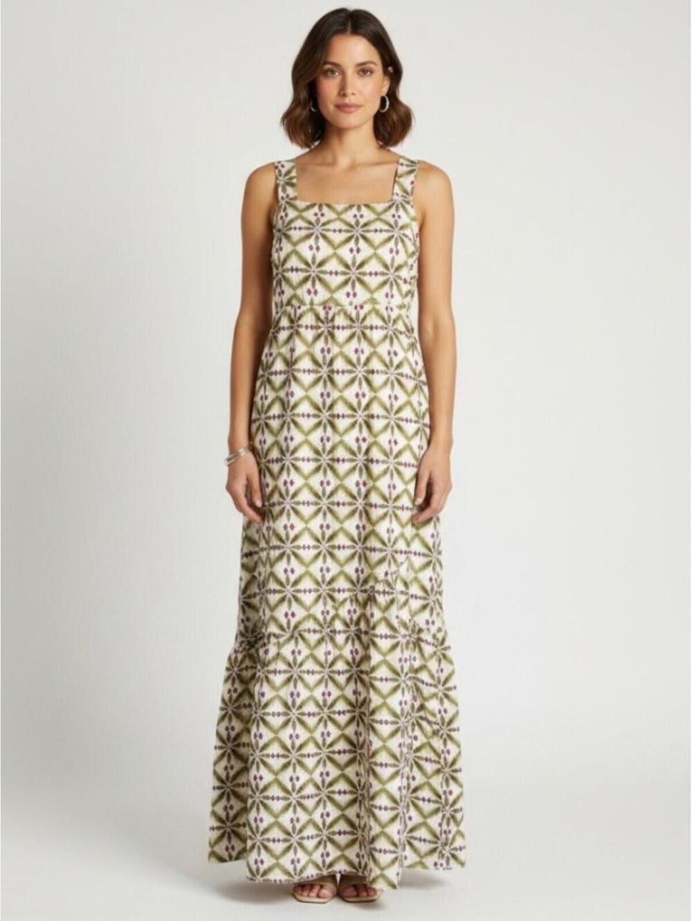 NWT La Fee Maraboutee Maxi Dress Size L Geometric Print Sleeveless Boho Green XL